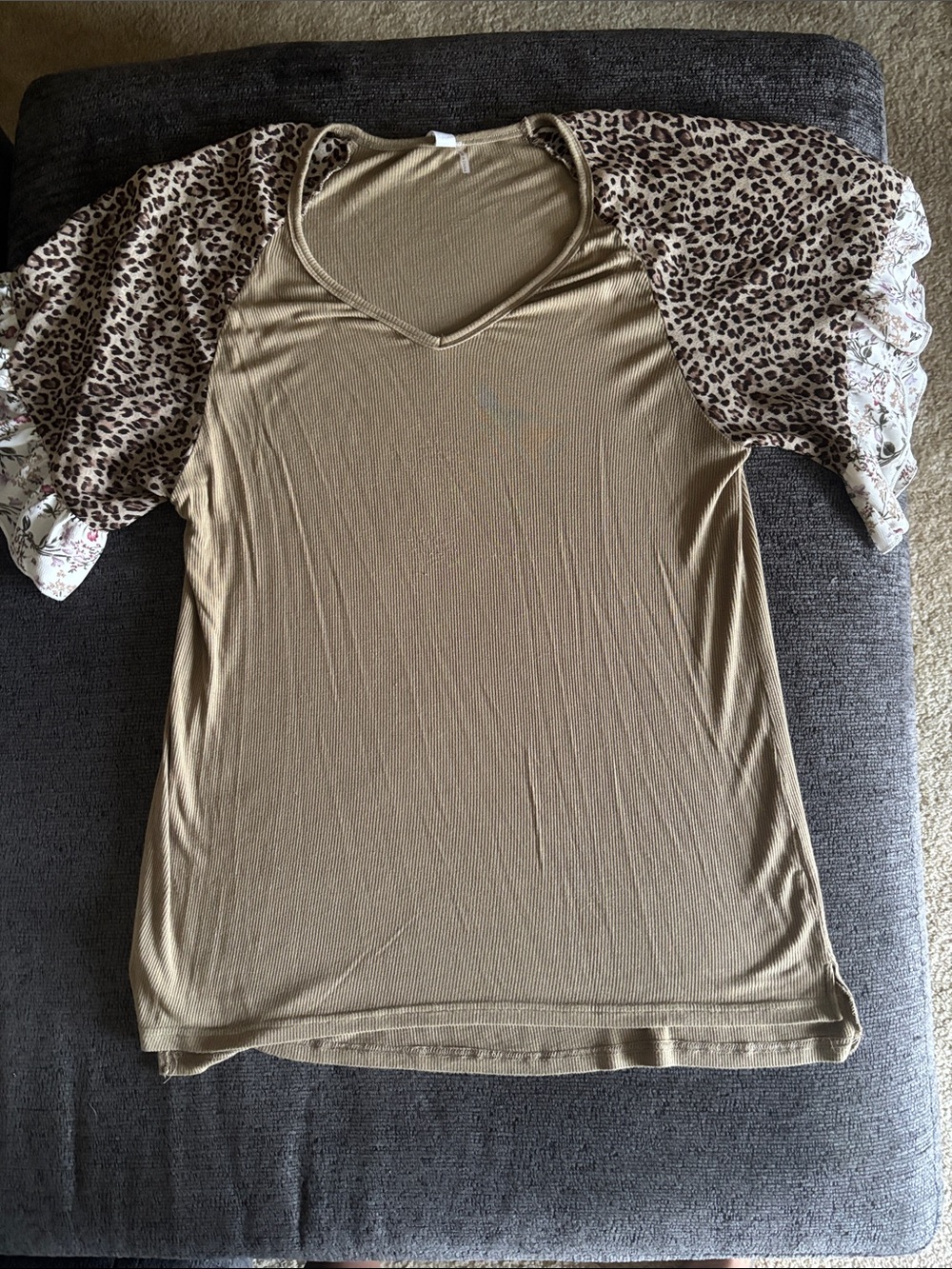 Olive V-Neck Short Sleeve Top with Leopard Ruffle Sleeves